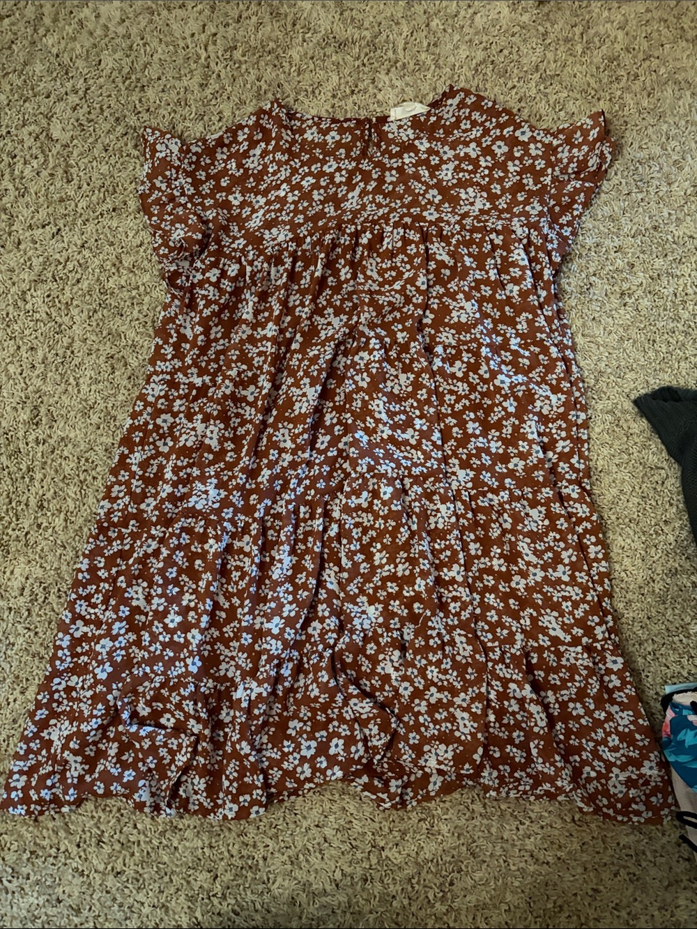 entro Rust Brown Floral Tiered Dress with White Blossoms